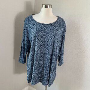 Lucky Brand Womens Plus 3X Blue Boho Tunic Top 3/4 Sleeve Shirt
